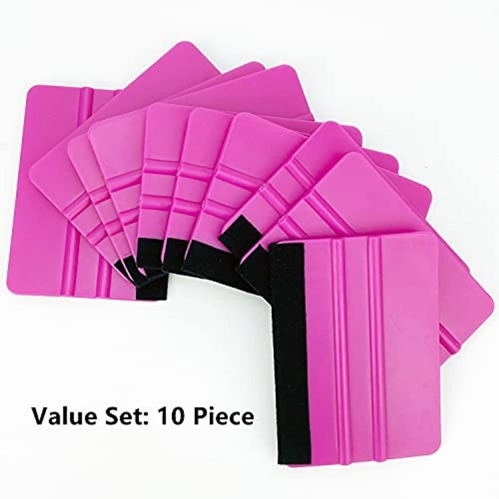 Set of purple vinyl squeegee tools with black felt pads, fanned arrangement