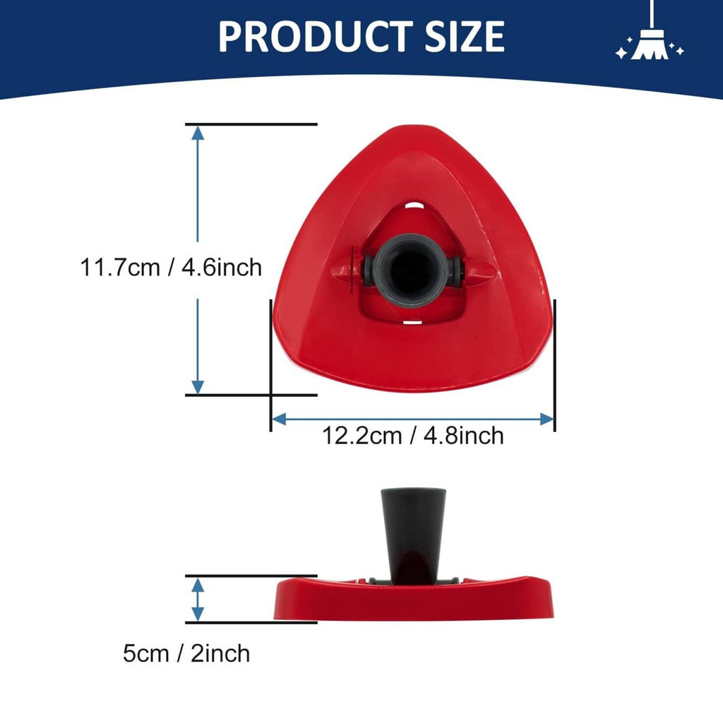 Red plastic mop base with black threaded connector, size diagram view