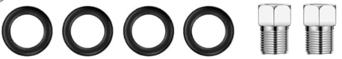 Surface cleaner accessory set with 4 black rubber rings and 2 metal threaded fittings