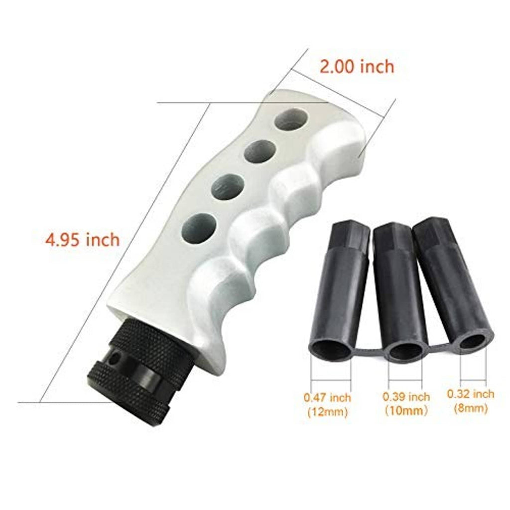 Silver gear shift knob with perforated top and black base, plus size-matched sleeves