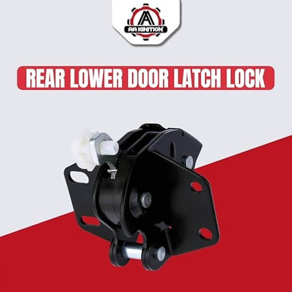 Black rear lower door latch lock with mounting base, metal pins, and latch lever