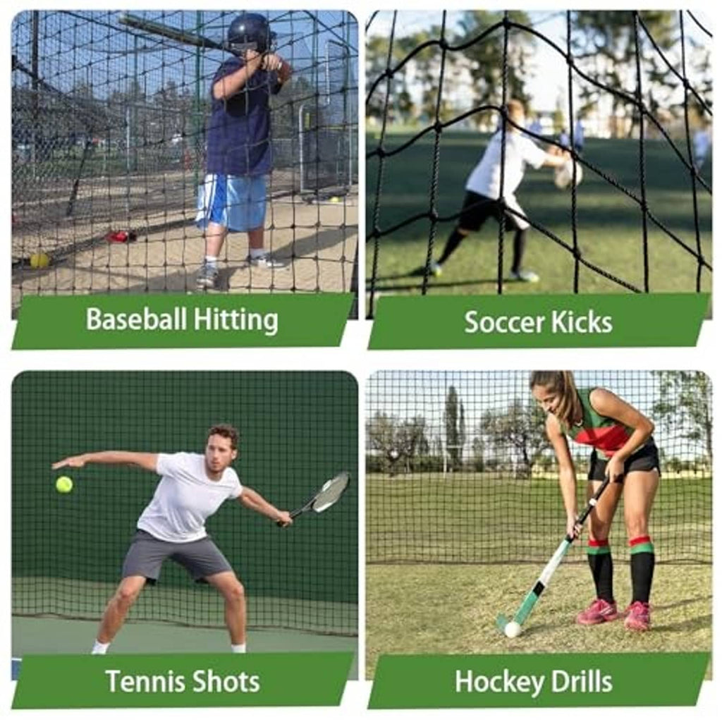 Multi-sport practice net barrier showing baseball, soccer, tennis, and hockey uses