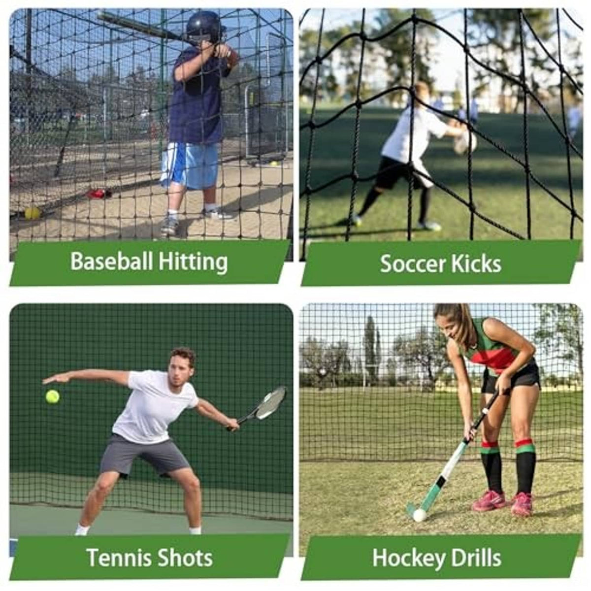 Multi-sport practice net barrier showing baseball, soccer, tennis, and hockey uses