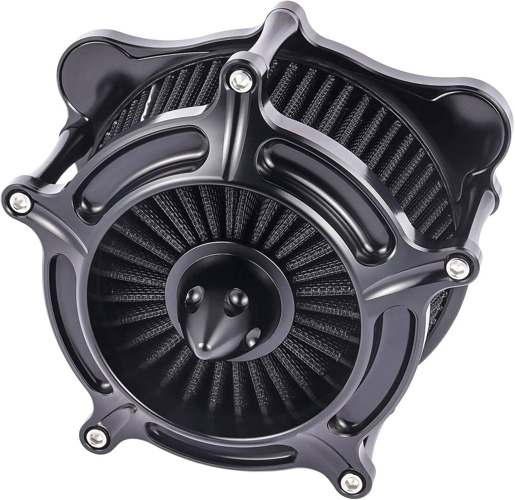 Black air cleaner intake filter assembly with pleated filter and circular grille