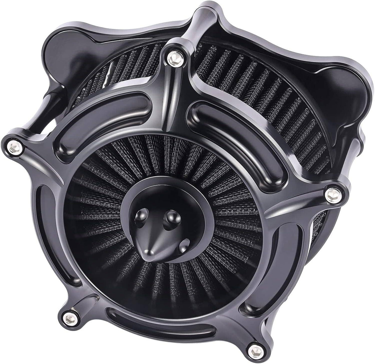 Black air cleaner intake filter assembly with pleated filter and circular grille