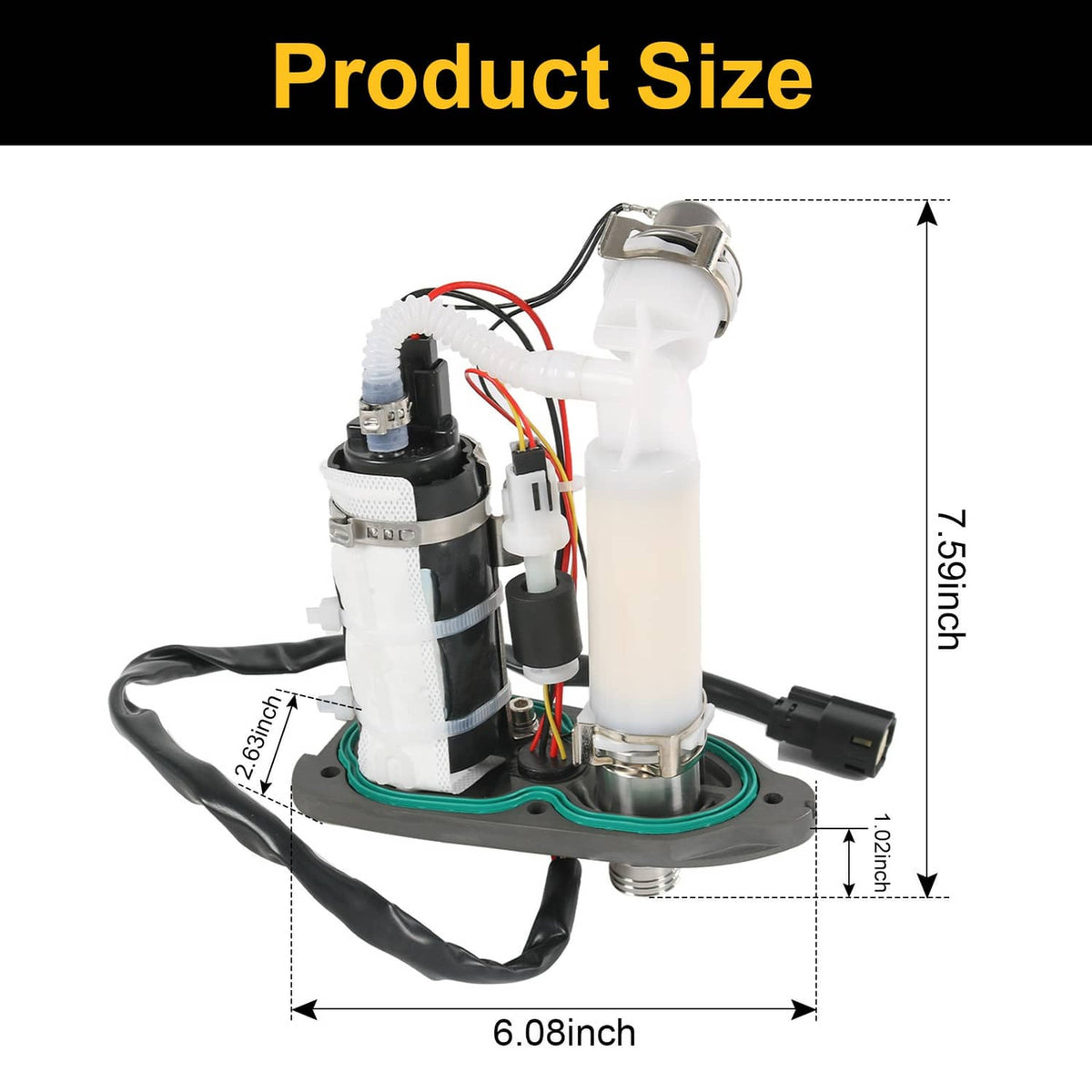 In-tank fuel pump module assembly with white pump body, metal top, and green seal ring