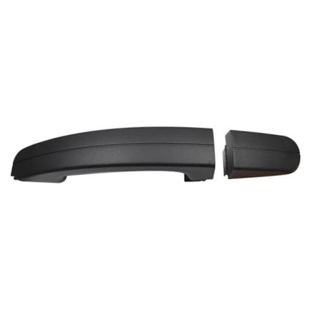 Dark exterior door handle with integrated side cover, single curved grip