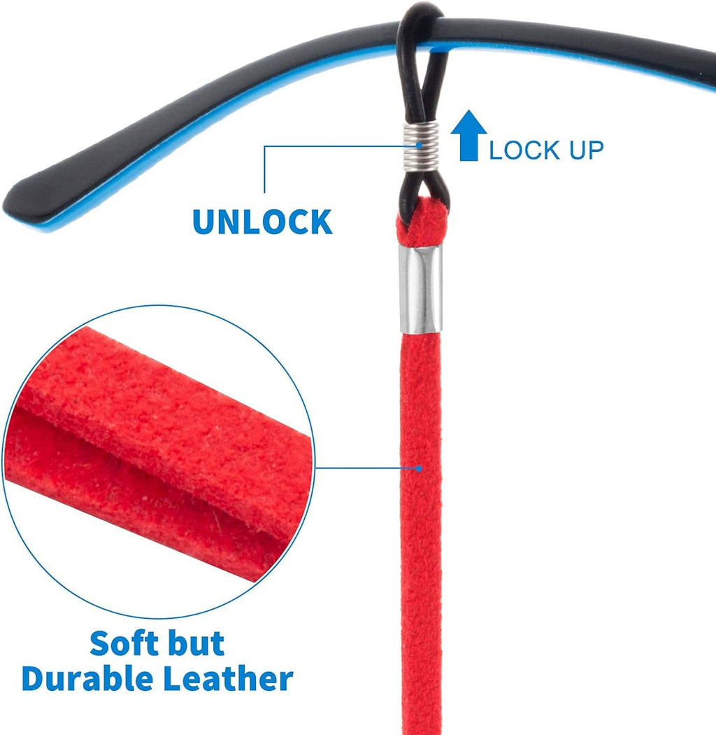 Blue eyeglass strap with red soft leather sleeve and lock retainer clip
