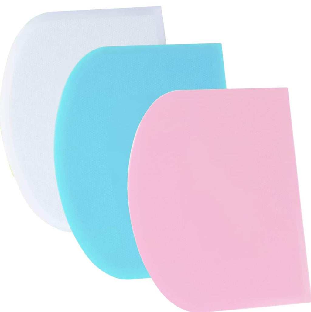 3-pack silicone dough scraper sheets: blue, pink, and white, flexible rectangular pads