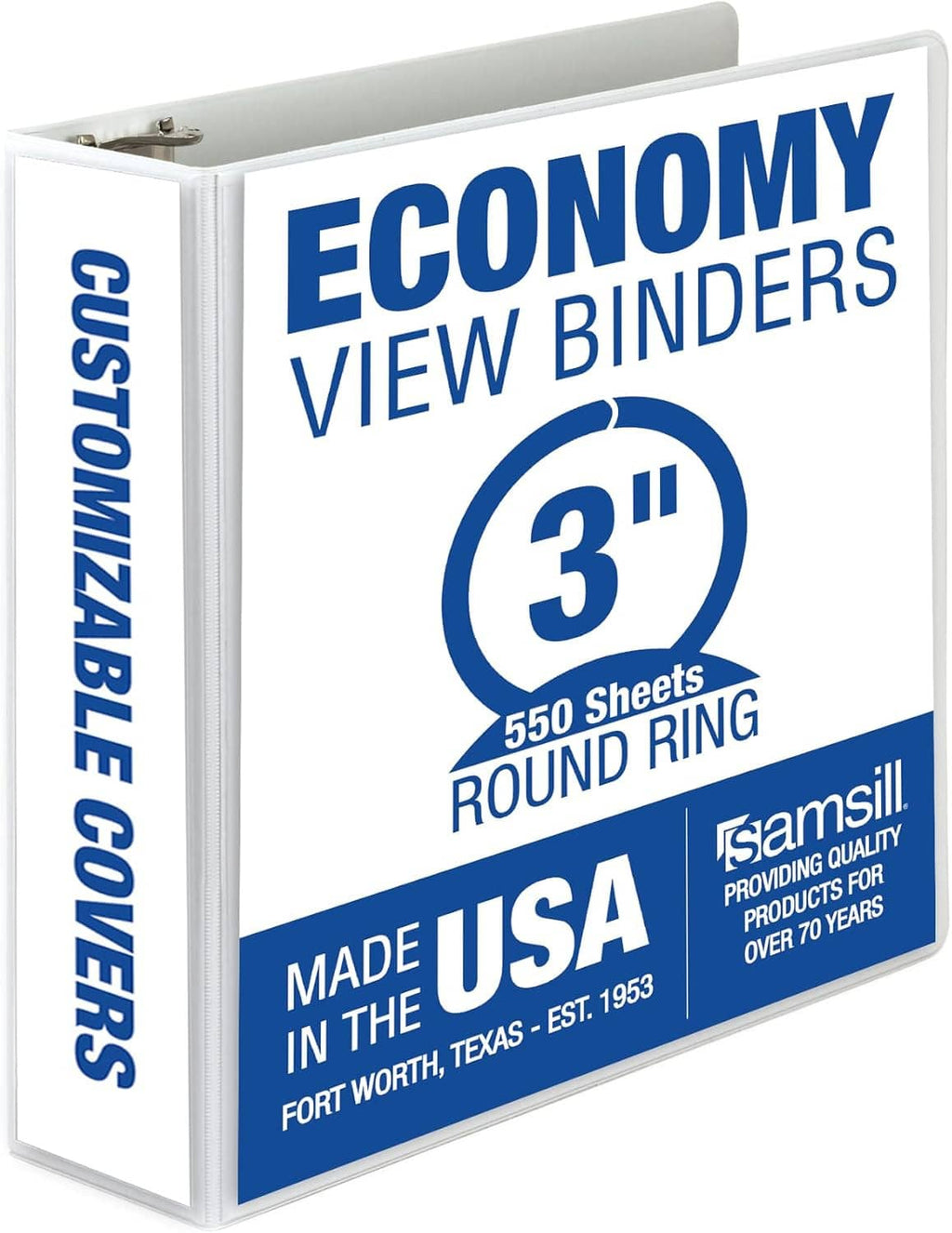 3-inch 3-ring binder, clear view cover, white and gray with binder rings at top