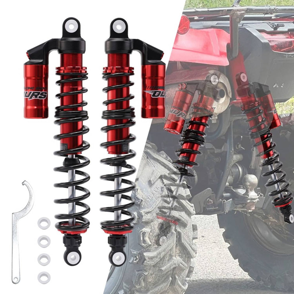 Pair of red and black rear shock absorbers with mounting hardware and springs