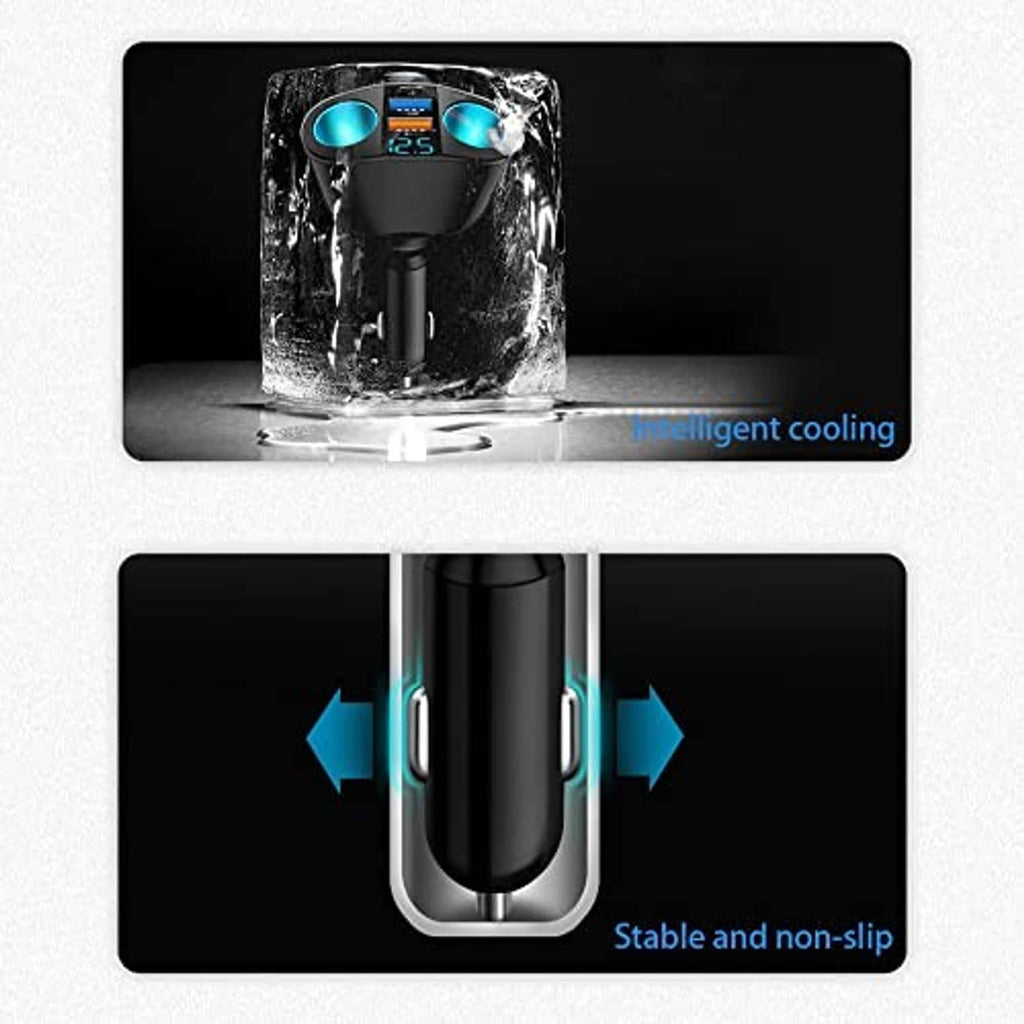 Black cigarette lighter adapter with blue ports, splash protection, and stable non-slip body