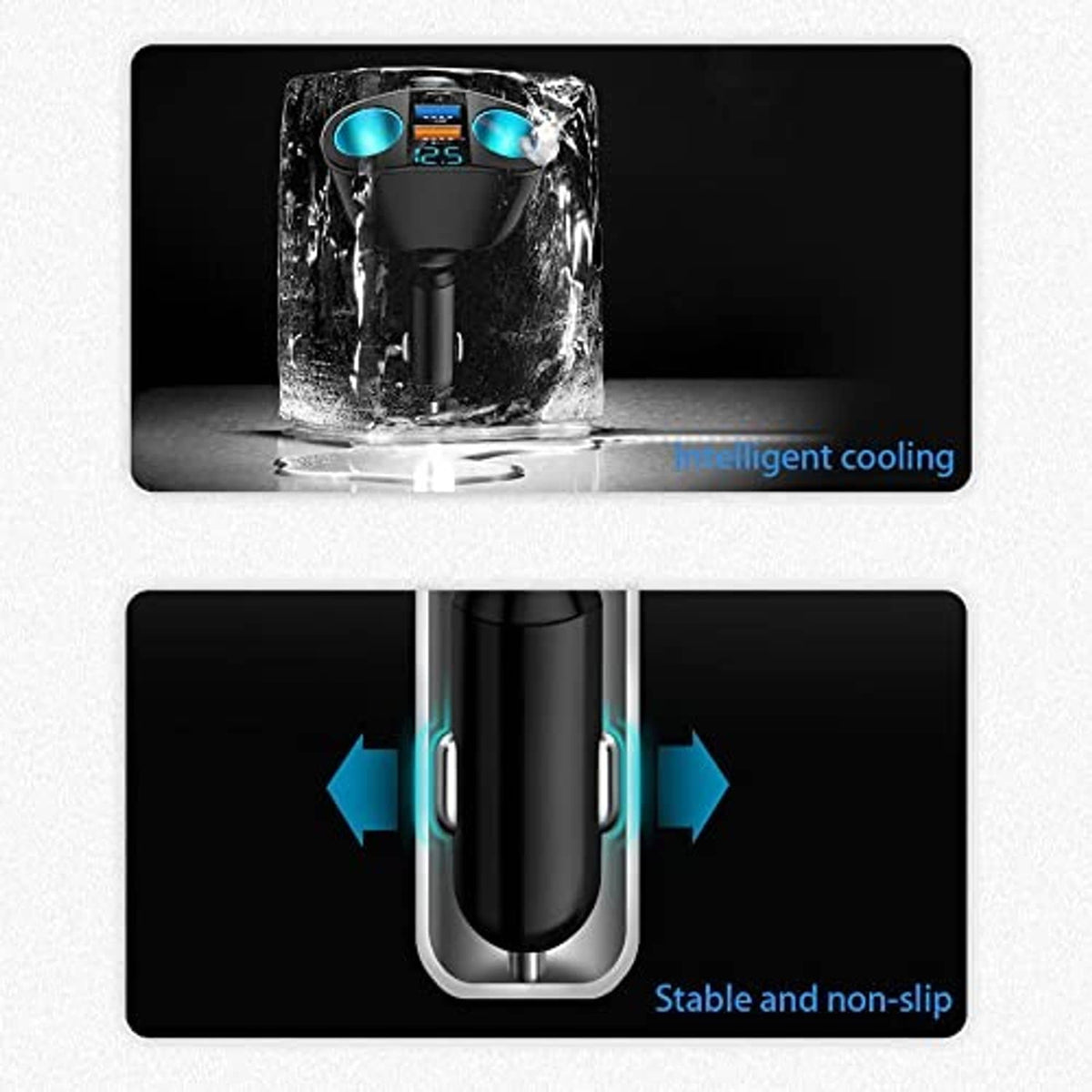 Black cigarette lighter adapter with blue ports, splash protection, and stable non-slip body