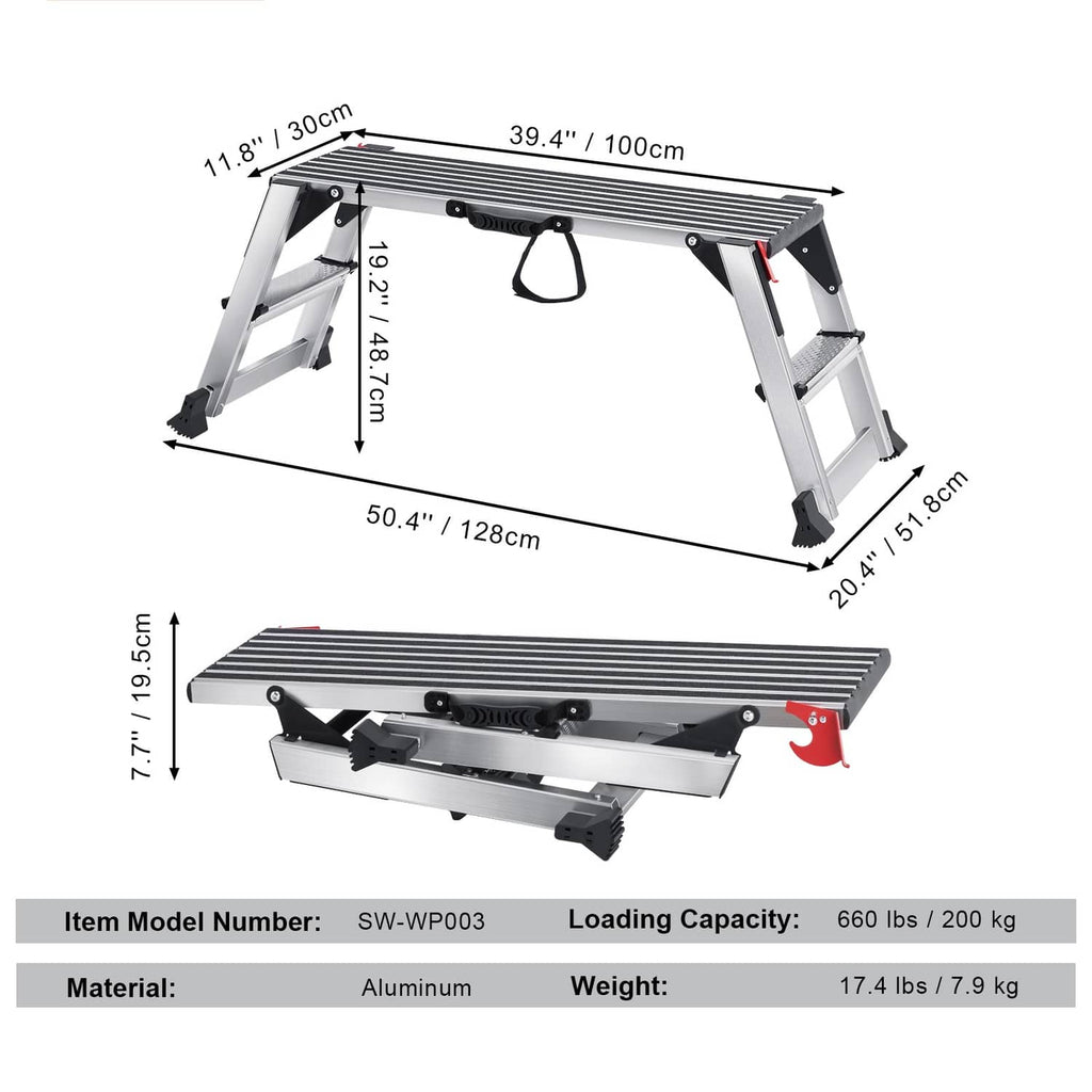 Aluminum folding work platform ladder dimensions view, gray frame with ribbed top
