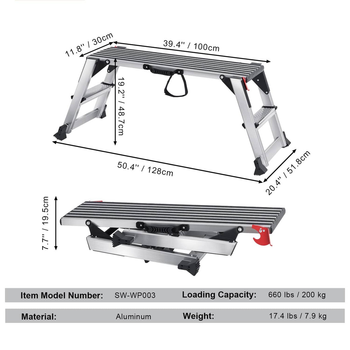 Aluminum folding work platform ladder dimensions view, gray frame with ribbed top