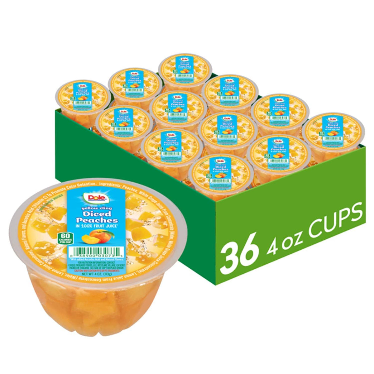 Dole diced peaches snack cups multipack with 36 clear 4 oz fruit cups and lids