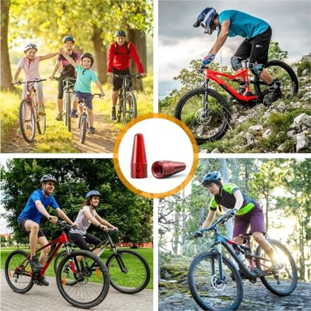 Red Presta valve caps, 2-pack, highlighted in an outdoor cycling collage