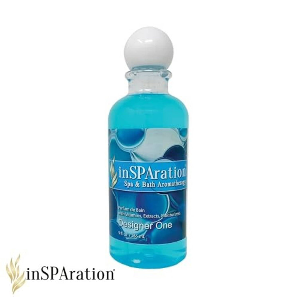 Spa & bath aromatherapy bottle with blue liquid, front label, and white flip cap