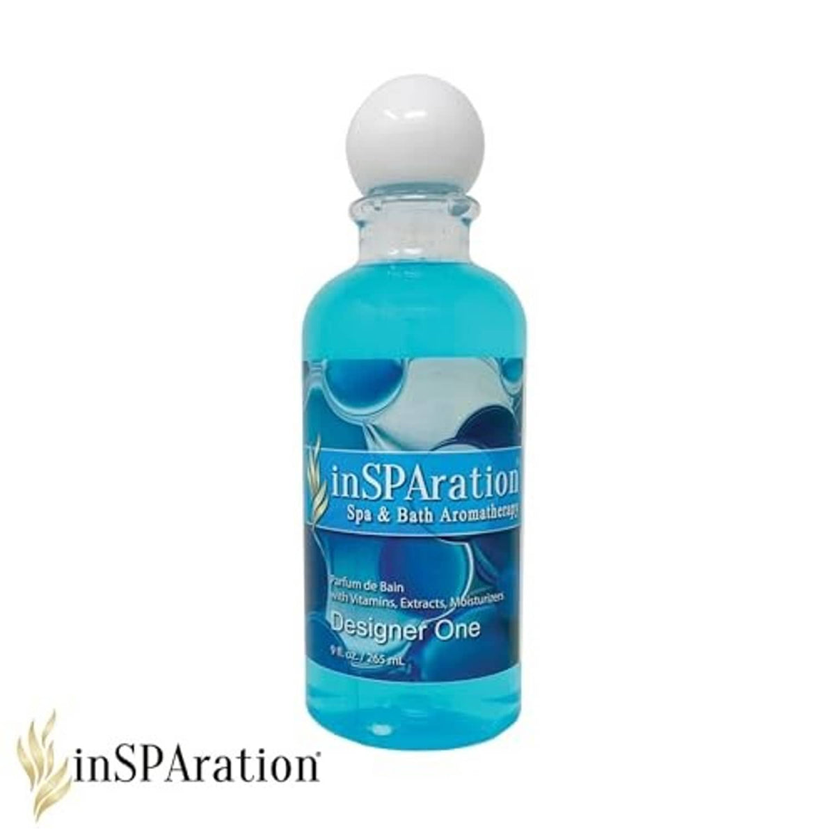 Spa & bath aromatherapy bottle with blue liquid, front label, and white flip cap