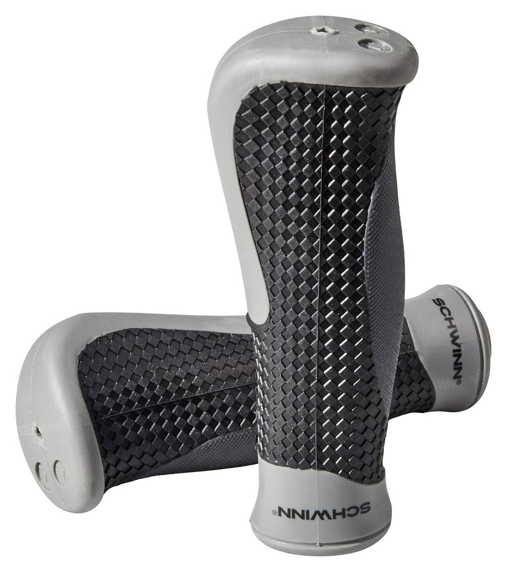 Ergonomic bike grip set with black textured pattern and gray gel-style end caps