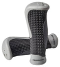 Ergonomic bike grip set with black textured pattern and gray gel-style end caps