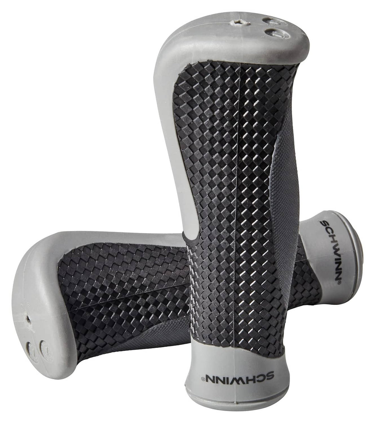 Ergonomic bike grip set with black textured pattern and gray gel-style end caps