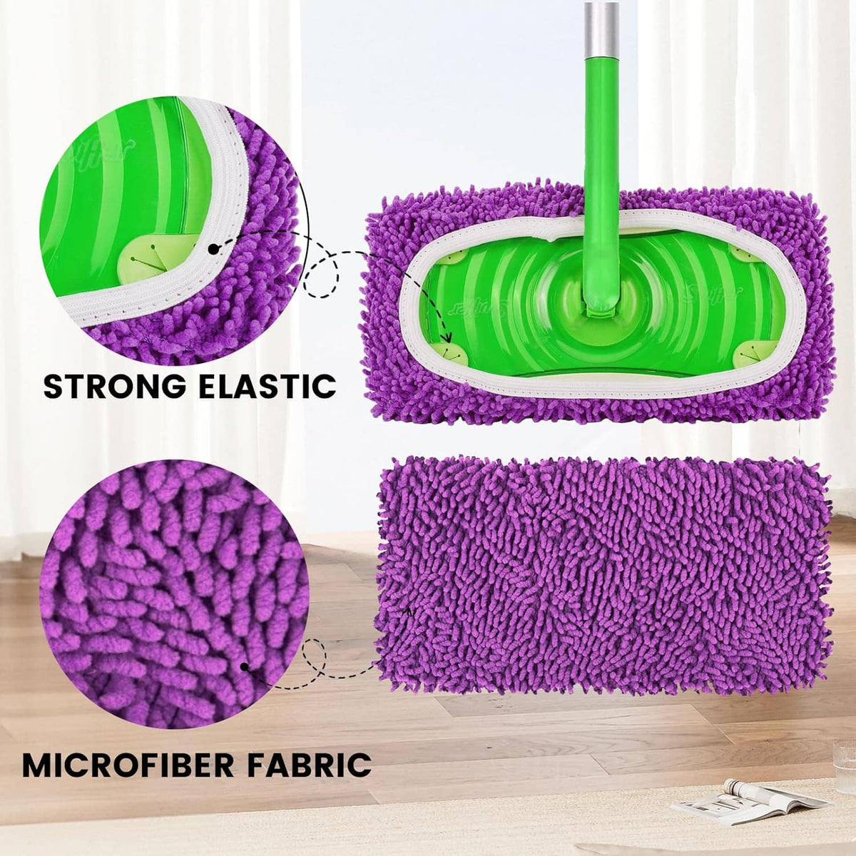 Purple microfiber mop pad with elastic edge and oval microfiber cleaning surface