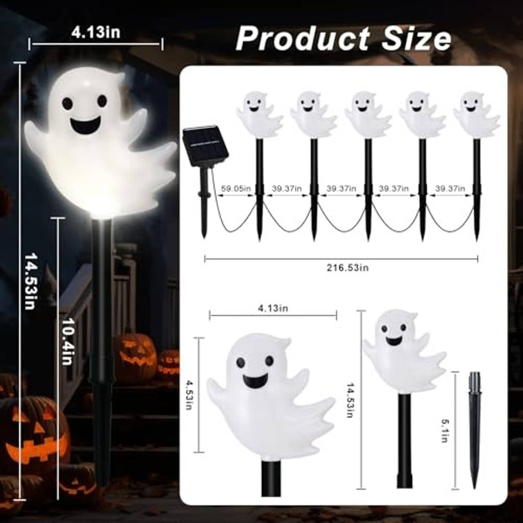 Halloween ghost solar stake lights with smiling faces; product size diagram