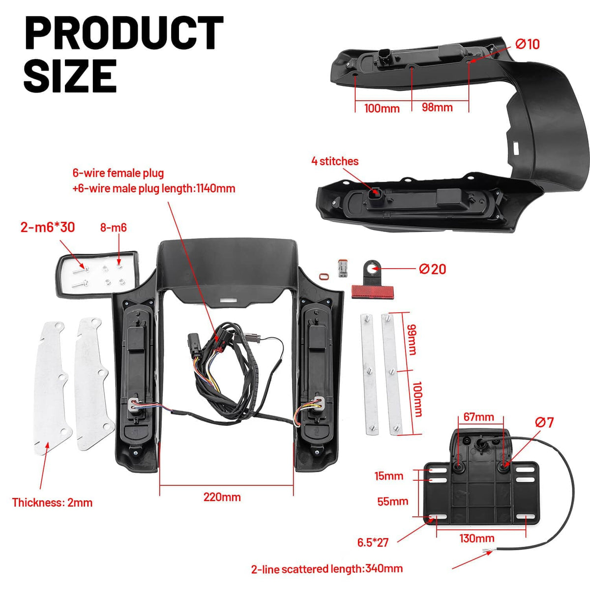LED rear fender fascia kit diagram with wiring and mounting plate measurements