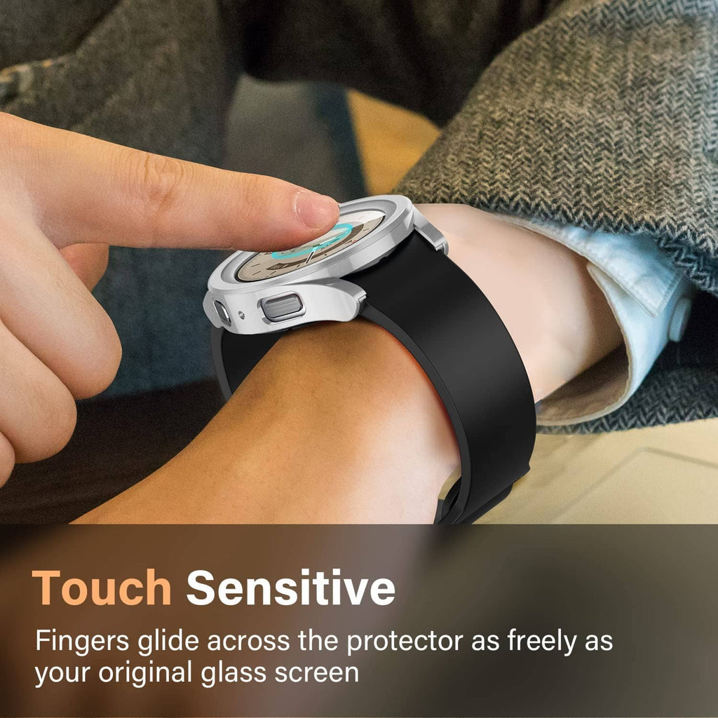 Silver watch case with screen protector on wrist for touch-friendly use