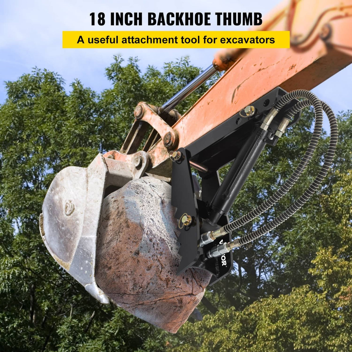 Backhoe thumb claw attachment with black steel teeth and hydraulic hose lines