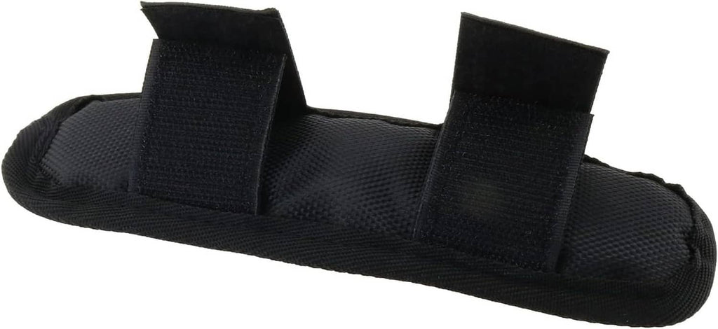 Black luggage shoulder strap pad with two looped attachment straps on the underside