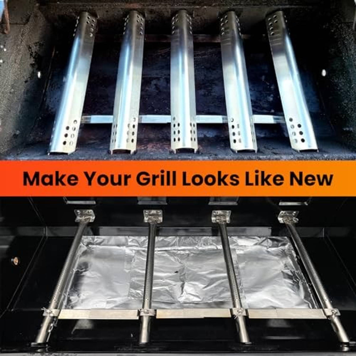 Stainless grill burner tubes installed inside a firebox for replacement coverage