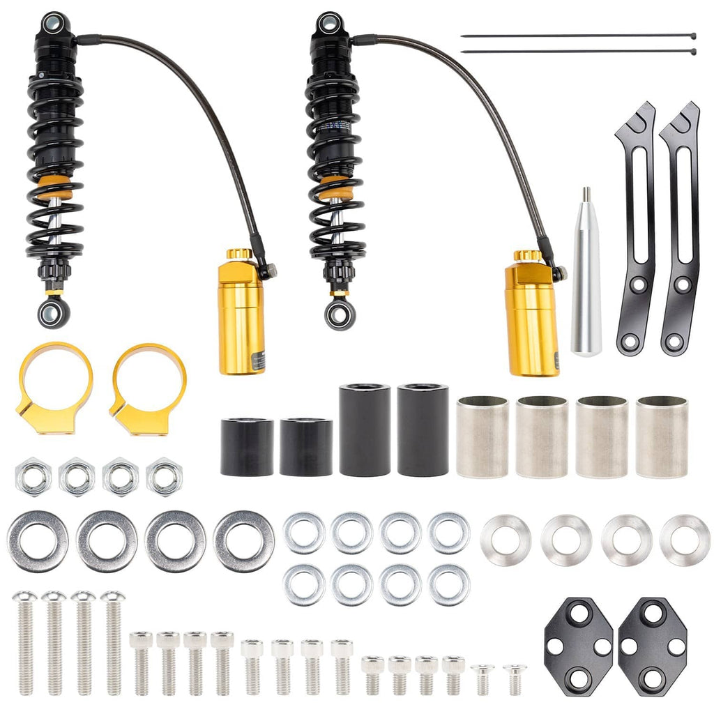 Remote reservoir rear shocks kit set with two black shocks, gold reservoirs, and tools