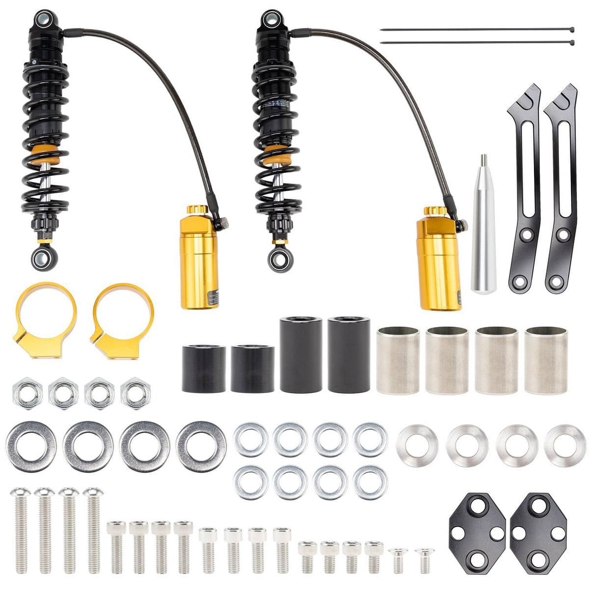 Remote reservoir rear shocks kit set with two black shocks, gold reservoirs, and tools