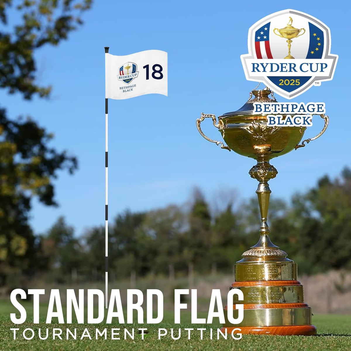 White golf flag on a pole with Ryder Cup 2025 logo and large 18