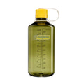 Nalgene 32 oz narrow mouth water bottle, oil green, with yellow lid and carry loop