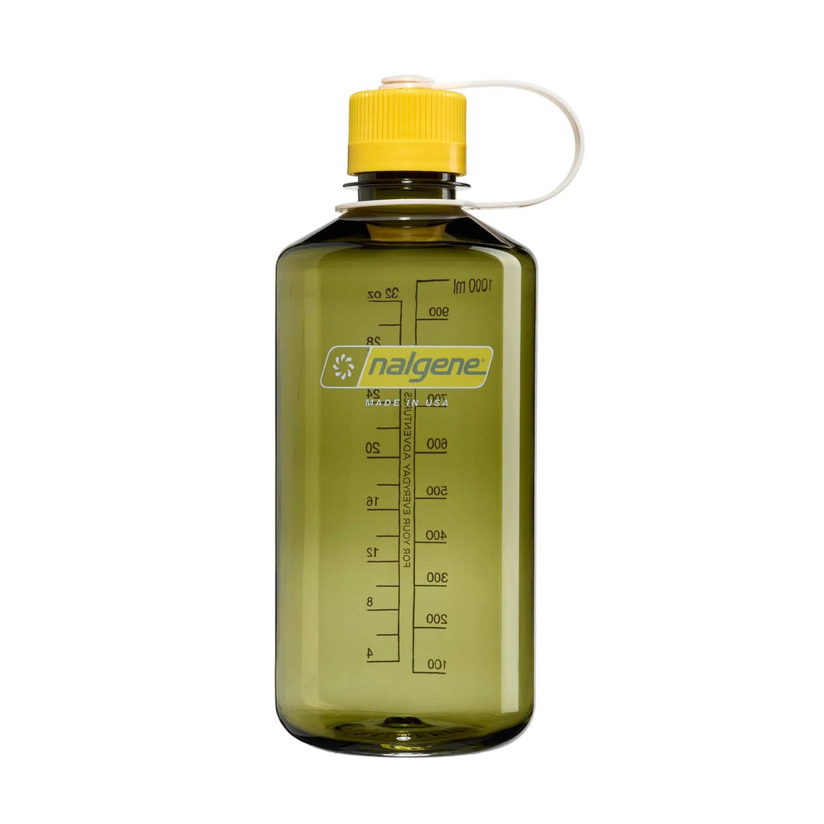 Nalgene 32 oz narrow mouth water bottle, oil green, with yellow lid and carry loop
