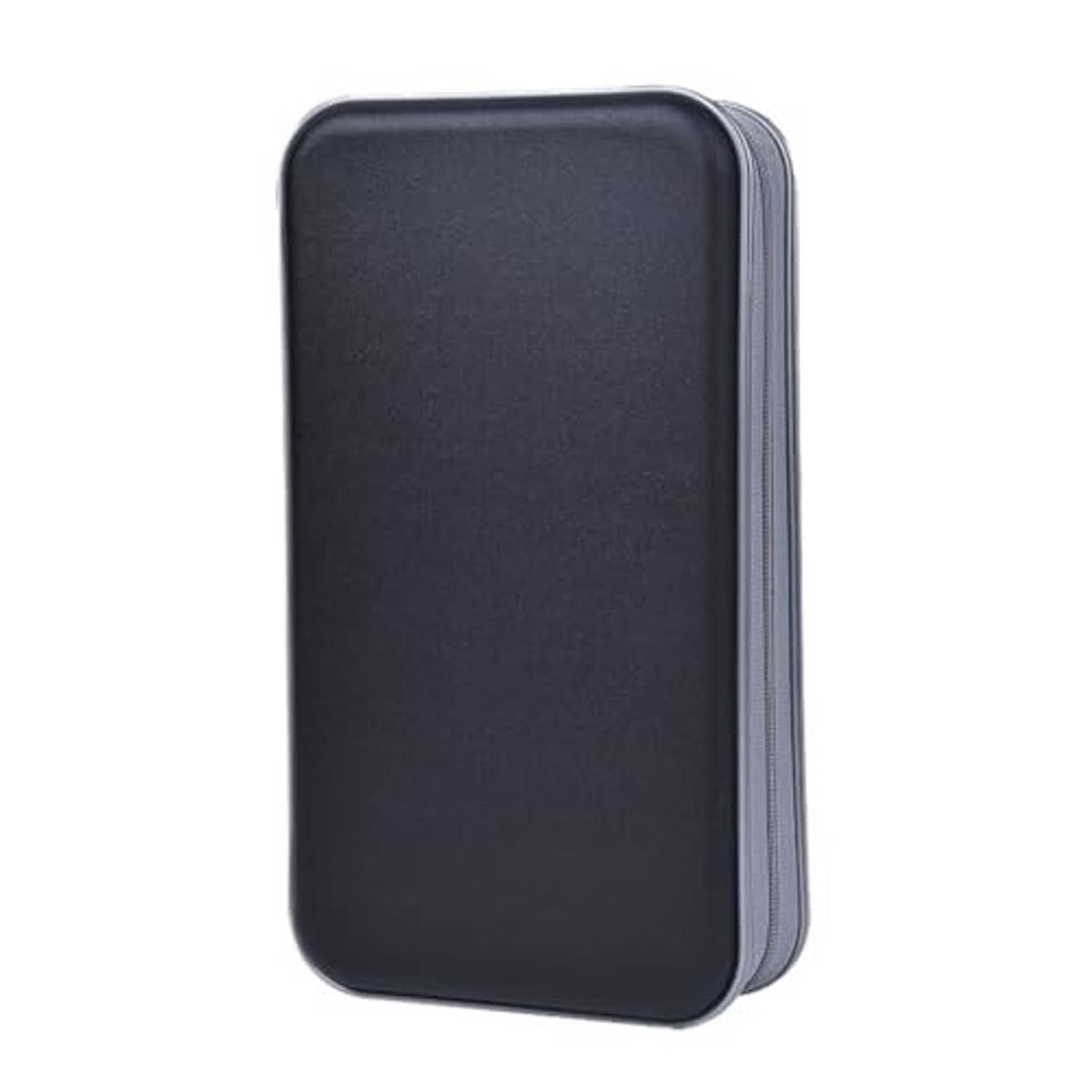 Black hard CD case with protective shell and ribbed side edge, front view.