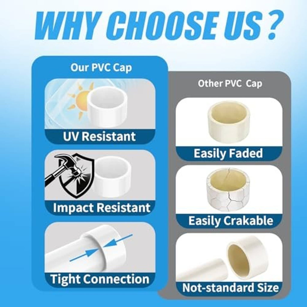 White PVC pipe end cap on why-choose comparison graphic