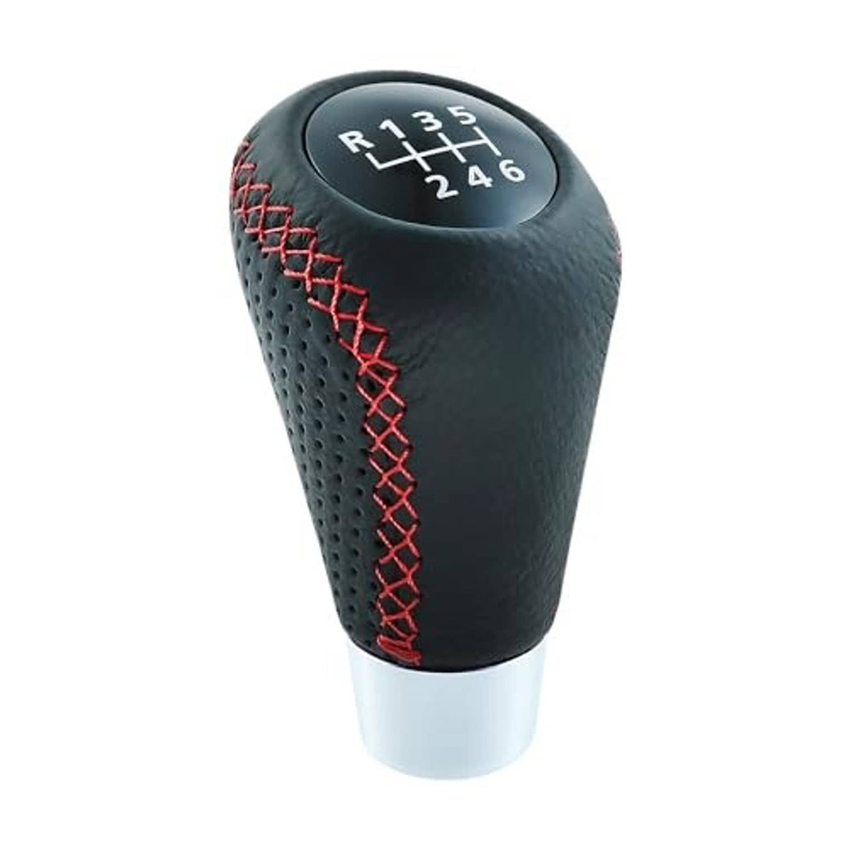 Black leather 6-speed shift knob with red stitched panel and perforated grip texture