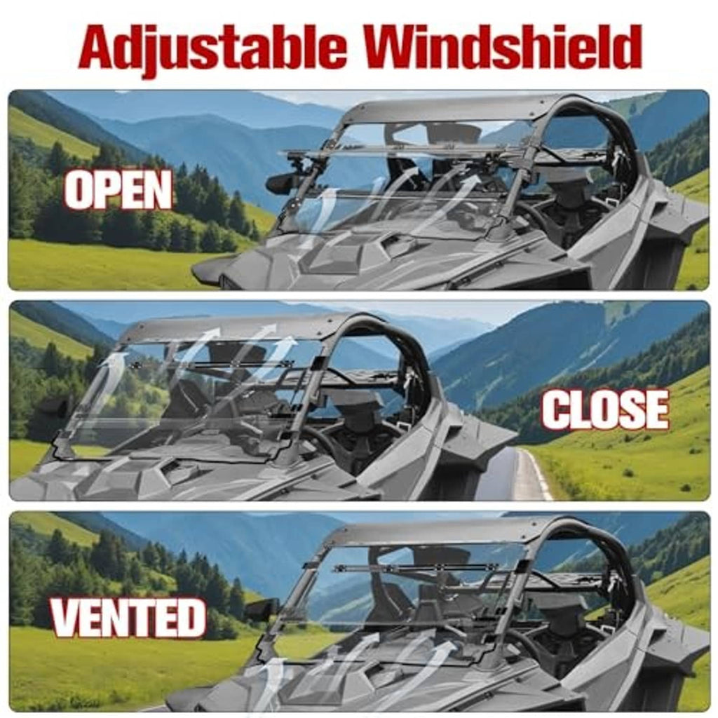 Adjustable flip-up windshield shown in open, closed, and vented positions on UTV
