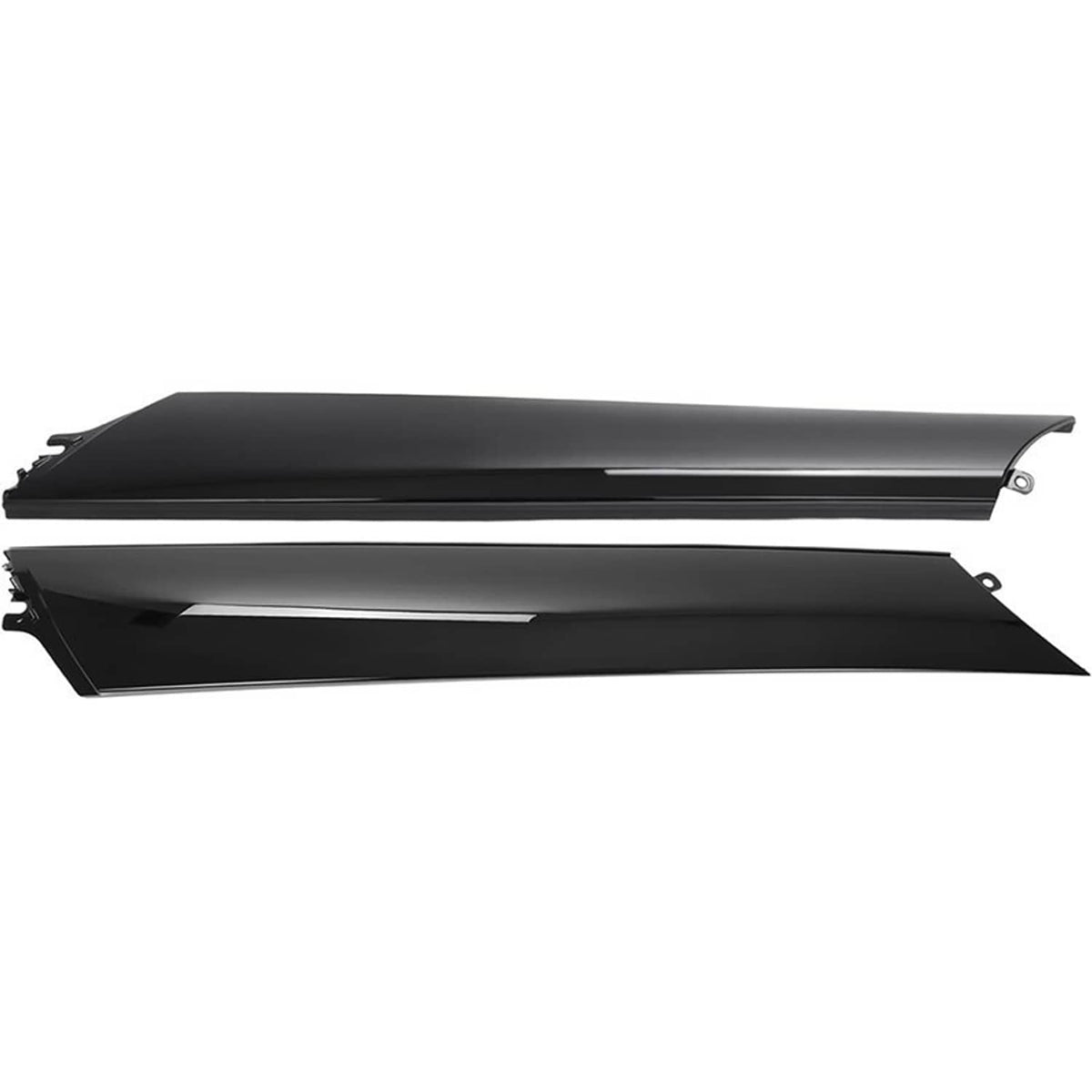 Two-piece black A-pillar windshield trim molding with mounting clip tabs