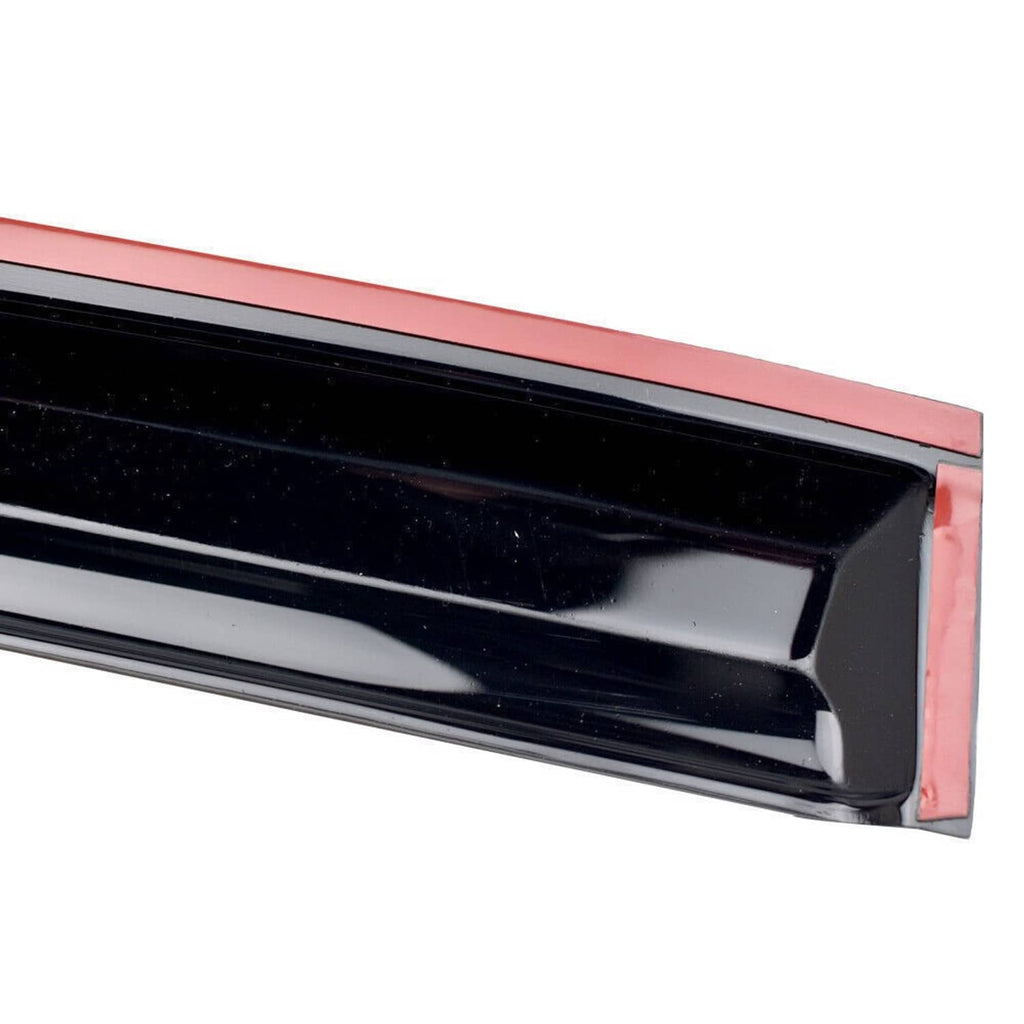 Window rain guard corner view, glossy black with inner gray channel