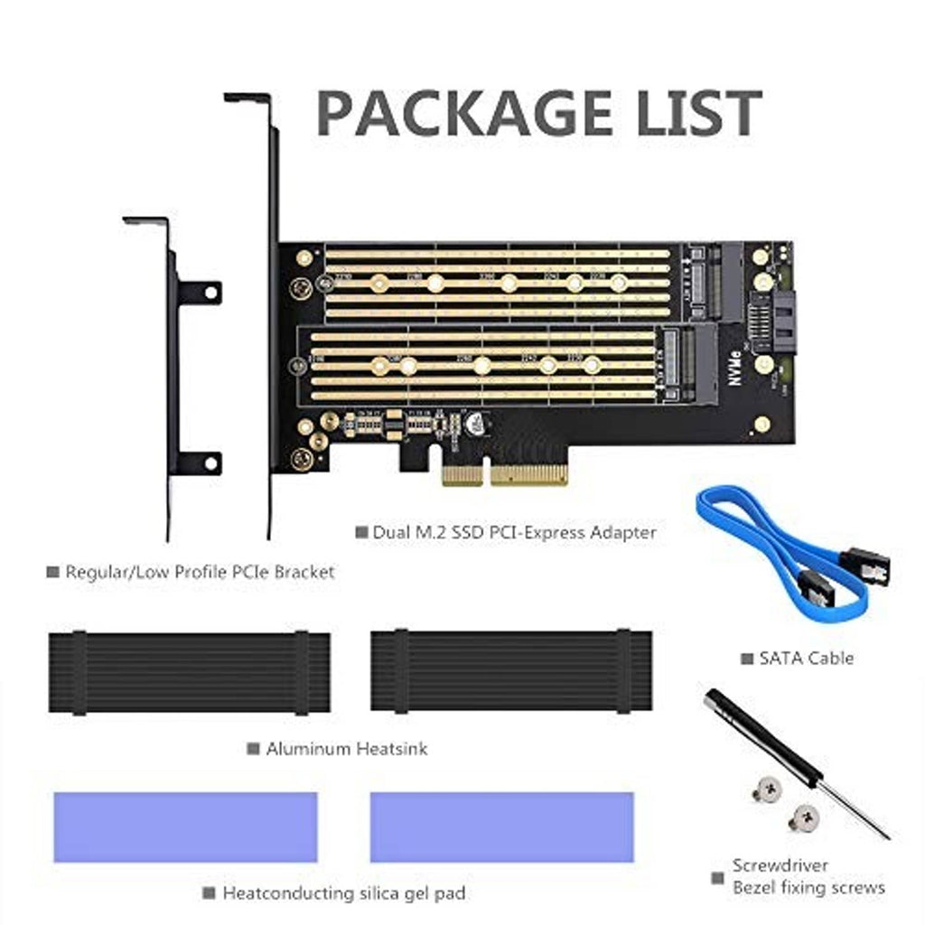 Dual M.2 SSD adapter kit with PCIe bracket, SATA cable, and screws