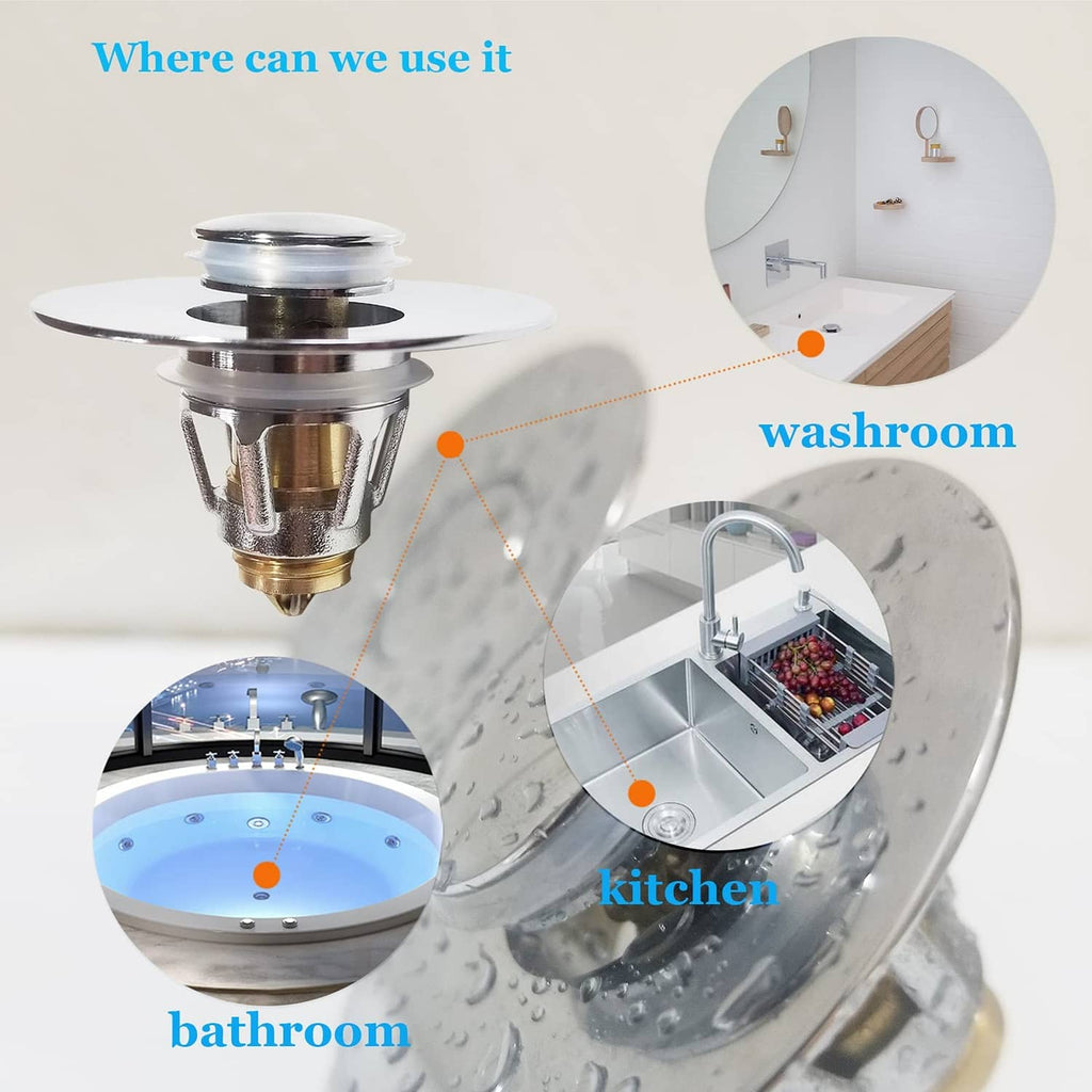 Chrome bathroom sink hair catcher stopper shown for use in bathroom sink drains