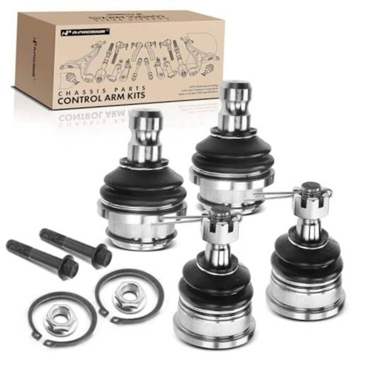 Front and upper/lower ball joint kit with black boots, silver joints, and included hardware