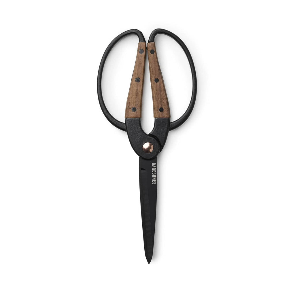 Dual grip garden shears with black handles, walnut wood grips, and pointed blades
