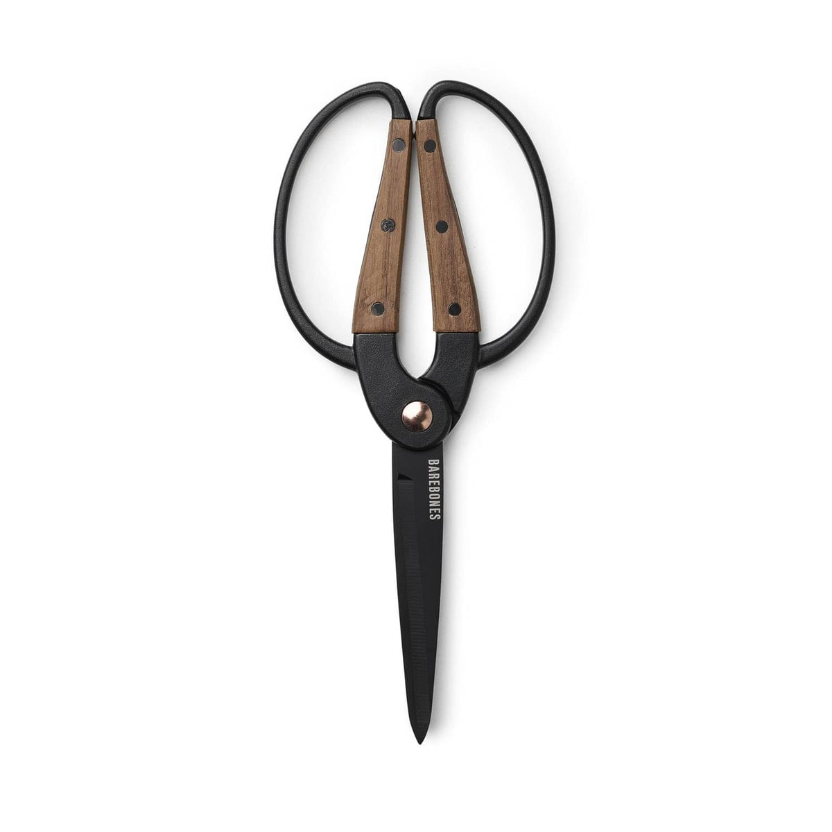 Dual grip garden shears with black handles, walnut wood grips, and pointed blades