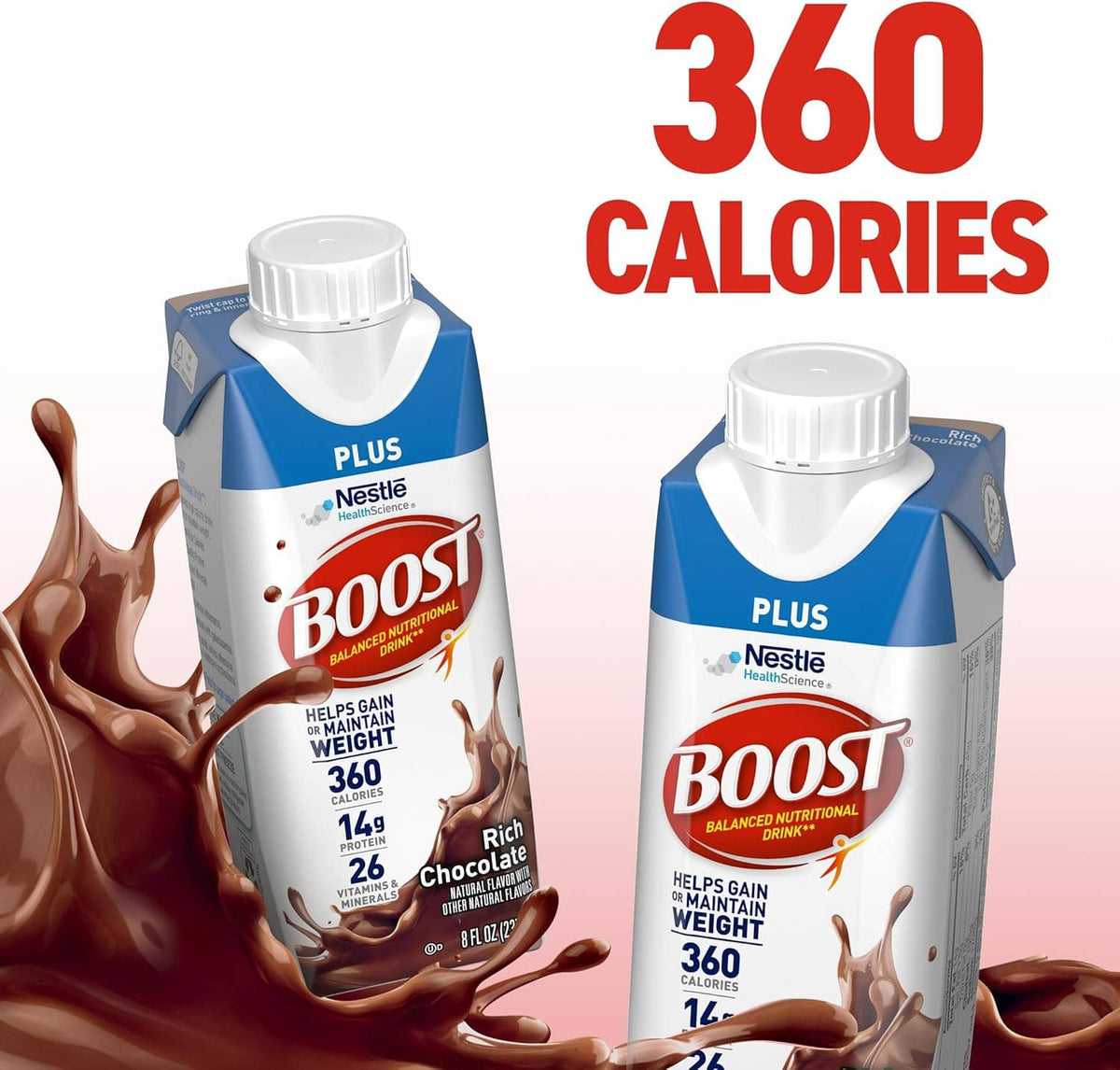 Rich chocolate drink cartons highlighting “360 calories” with chocolate splash graphics.